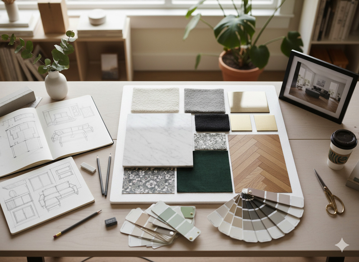 Design workspace with material samples and sketches